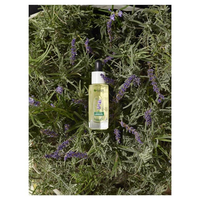 Garnier Organics Lavandin Smooth & Glow Facial Oil product laying in lavandin